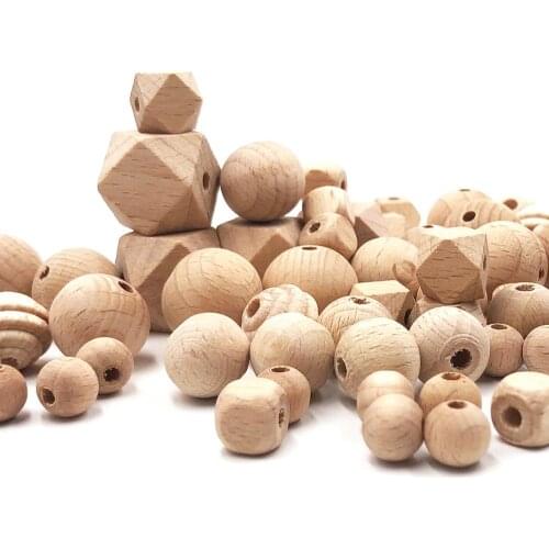 Wooden 10-20mm Natural Wood Round Hex Square Beech Beads Jewelry Making For Baby Toy DIY Bracelet Necklace