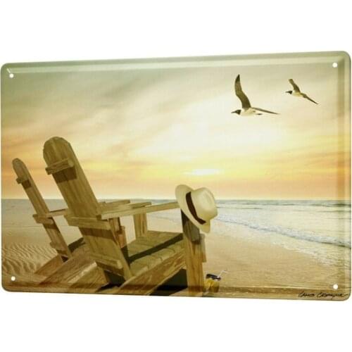 Cartel de estaño World Trip, gaviotas marinas, tumbonas de playa, placa decorativa para pared