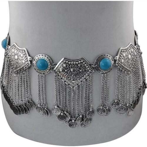 Boho Vintage Blue Black Stone Belly Waist Chains for Women Coin Long Tassel Dress Belt Dance Chain Metal Tribal Body Jewelr