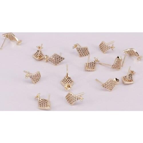Brass quadrangle ear stud fittings with cz silver pin allergy free high quality 14K gold plated DIY jewelry accessory