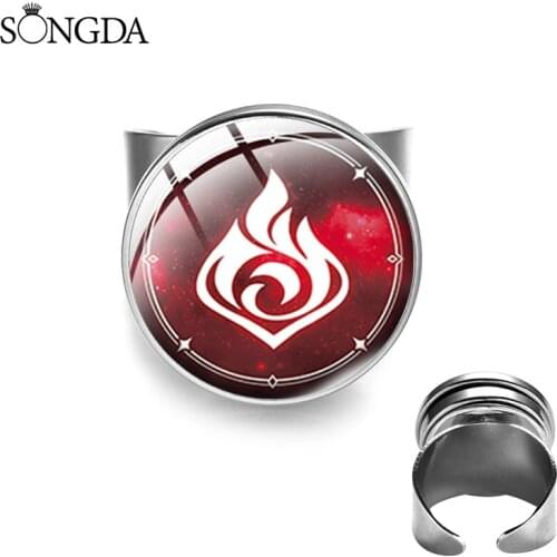 Fashion Genshin Impact Eye of God Ring Handmade Water Wind Thunder Fire Rock Ice Element Art Glass Gem Ring Unisex Jewelry Gifts