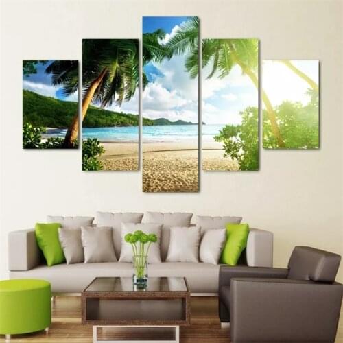 Wall Art Canvas Prints Paintings Posters 5 Pieces Beach Palm Tree Group Seascape Pictures For Living Room Home Decor Framework