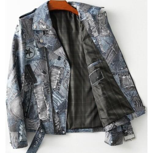 New Motorcycle Coat Sheepskin Genuine Leather Clothes Mens Printed Fashion