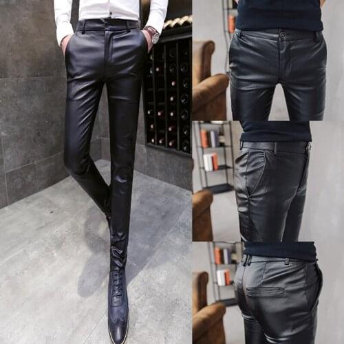 New Mens Black Skinny PU Leather Pants Pencil Pants Motor Elastic Trousers Hairstylist Long Trouser T45