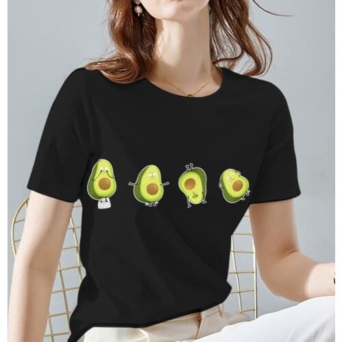 New Women T-Shirts Summer Cute Cartoon Fruit Avocado Graphic Printed Tops Tees Short Sleeve Black Tshirt for Lady Casual Tops