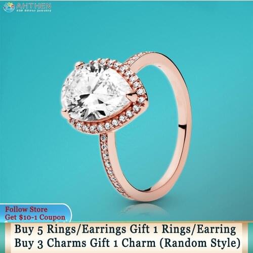 Ahthen 925 Sterling Silver Ring Pink Sparkling Teardrop Halo Ring Original Women Rings Ngagement Rings Women Jewelry Girl Gift