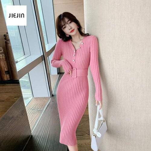 Pink Pencil Dress Korea Winter Solid Color Long Sleeve Elegant Office Lady Dress Stretch Knitting Sweater Pencil Dress