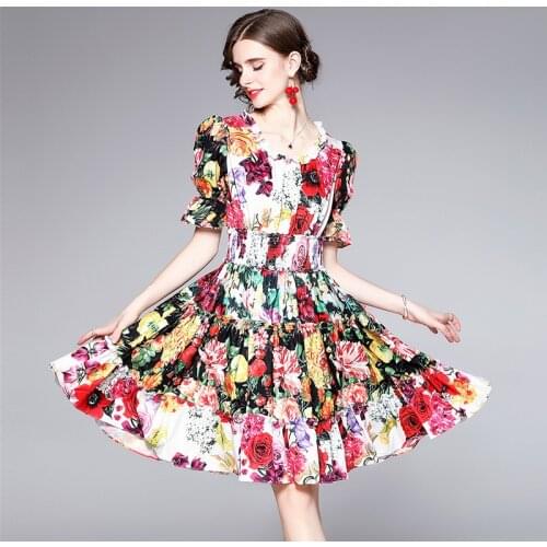 WTIANYUW 2021 New Simgent Floral Puffy Sleeve Dress Women Summer Beach Ruffle A Line Lace Up Elegant Dresses Robe Femme Vestidos
