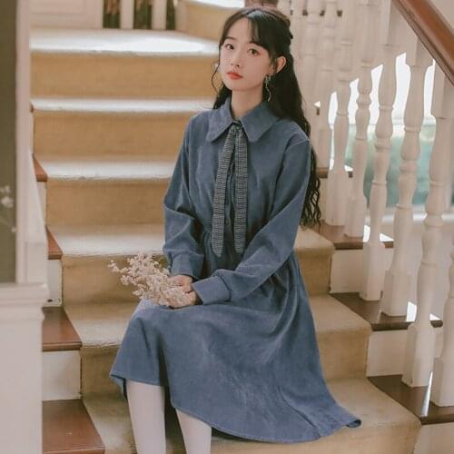 Spring Autumn Long-sleeved Dress Womens 2020 New Casual Elegant Corduroy Mid-length Shirt Sleeve Autumn Winter Dress Women E312