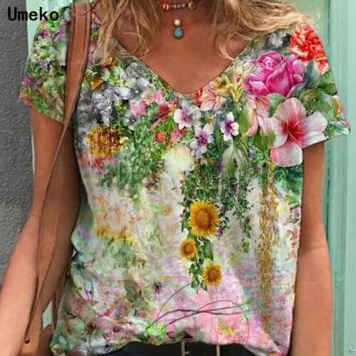 Plus Size 5XL Womens Clothing Summer New Fashion Women V-neck Flower Print Short Sleeve Casual Loose T-shirt Y2k Top