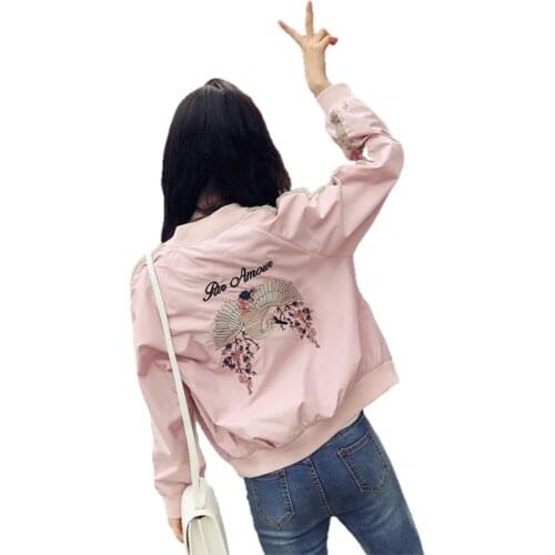 Retro Crane Embroidered Women baseball Coat Loose Fashion White Short jacket Autumn