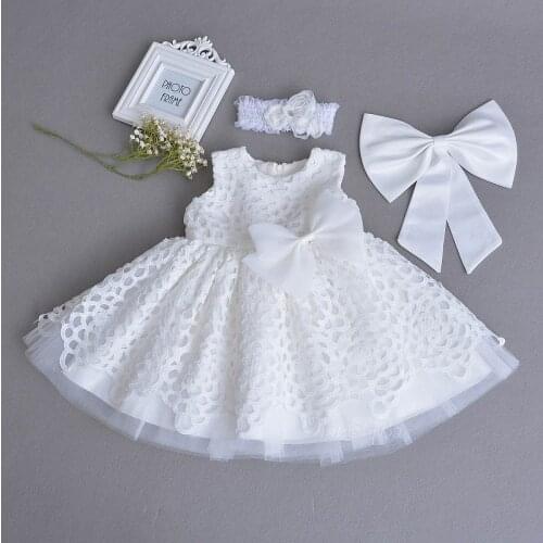 Retail Baby Girl Christening Gown Lace White Sleeveless First Birthday Day Party Dress Headband Kids Clothing 0-2Y E70106