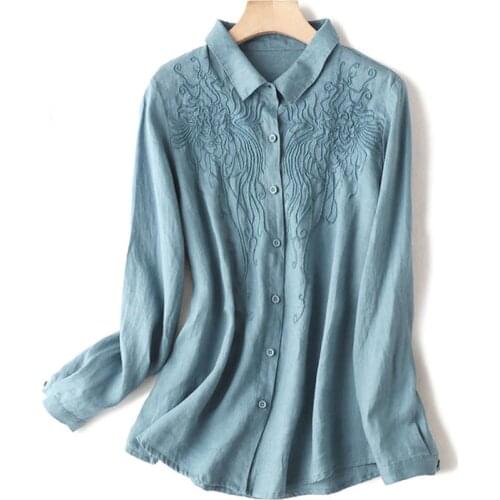 100% Cotton Linen Shirt Plus size Women Clothing Embroidered Blouse Button up Long sleeve Top Female White Office Ladies Casual