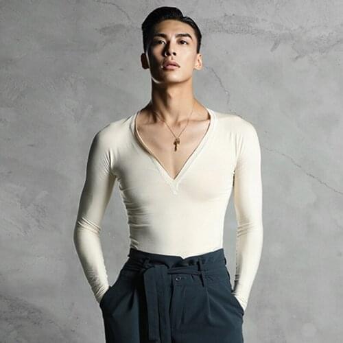 Latin Dance Shirt Male V-Neck Tight Top Practice Clothes Cha Cha Rumba Samba Tango Men Professional Performance Wear DNV13785