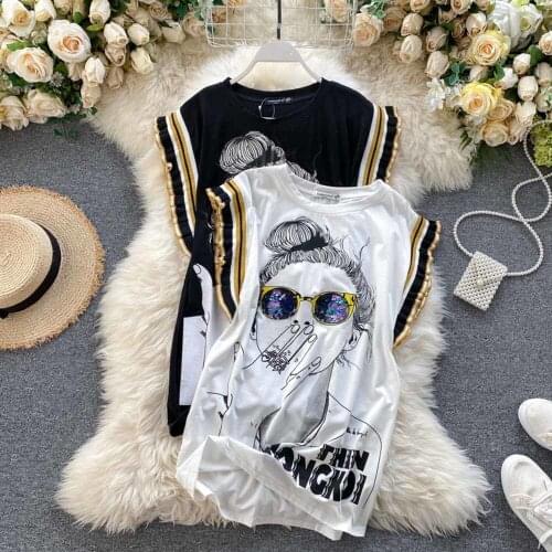 Sequined Character Print T Shirts Women Ins Fashion O Neck Sleeveless Female Tops Summer 2021 Loose Casual Ladies Tees