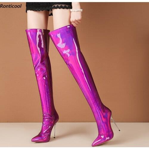 Ronticool Coo Women Glossy Over The Knee Boots Flexible 12 Cm High Heels Pointed Toe Purple Gold Pink Red Party Shoes Size 5-13