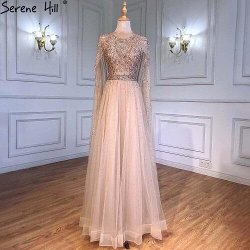 Serene Hill Luxury Gold Arabia Cape Sleeves Luxury Beaded A-Line Evening Dress 2021 For Woman Party Gown CLA71362