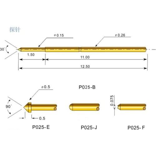 100PCS/Pack Spring Test Probe P025-J Pointed Needle Tube Outer Diameter 0.25 Total Length 12.5mm PCB Probe