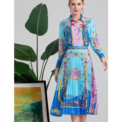 2021 Fashion Runway Blue Suit Early Autumn New Design Women Long Sleeve Shirt+Pleated Skirt Vintage Starfish Printed Suits