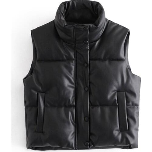 2021 Spring Womens Leather Cotton PU Vest Jacket Black Warm Faux Leather Vest Coat Casual Zipper Sleeveless Jacket Female