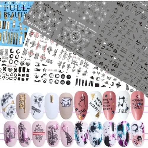 36pcs Mixed Letter Black Slider Nails Sticker Set Mixed Flower Water Transfer Decals Manicure Decorations Tips Nail Wraps CH974