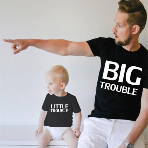 Big trouble and Little trouble letter print Family Matching Father Son Kids Clothes Baby boy Father and girl Family Look Clothes