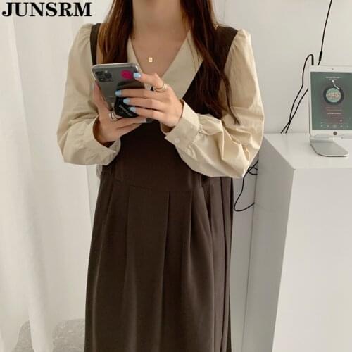 One Piece Women Dress Vintage 2020 Spring Autumn Korean Turn-Down Collar Midi Dresses Female Loose Long Sleeve Stitching Vestido