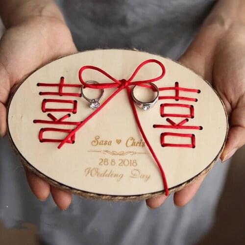 Wooden Engagement marriage party photo props rustic custom wedding decoration Chinese double Happiness ring pillow