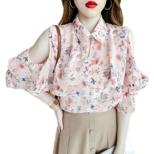 Cheap wholesale 2021 spring summer new fashion casual chiffon women shirt woman female OL blouse cold shoulder tops Py1435