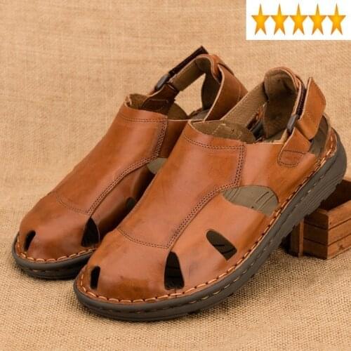 Out Summer Hollow Mens Breathable Gladiator Beach Close Toe Leather Light-weight Casual Shoes Vintage Outside Sandals