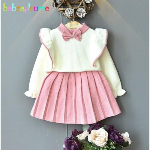 2Piece Baby Spring Outfits Fall Korean Fashion Little Girls Clothing Princess Cute Bow Knit Sweaters+Skirt Toddler Clothes 1995