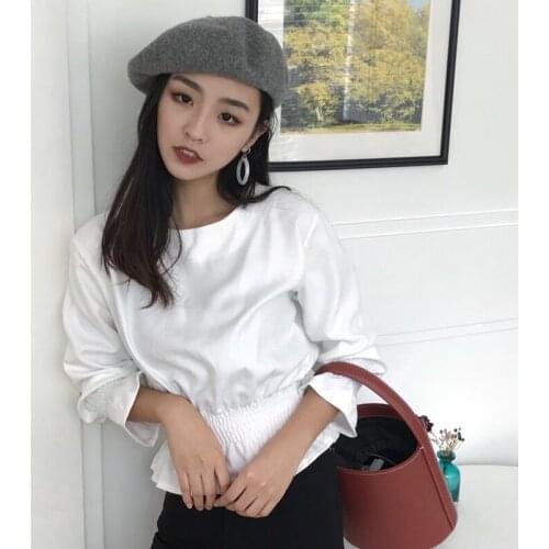 Elegant Women T Shirt Korean Ulzzang Autumn Butterfly Sleeve O-neck Solid Ladies Casual T-Shirt Fashion Ruffles Tops Tee Shirt