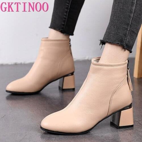 GKTINOO Real Leather Women Ankle Boots Fashion Platform Warm Fur High Heel Winter Shoes Woman Casual Footwear Size 35-43