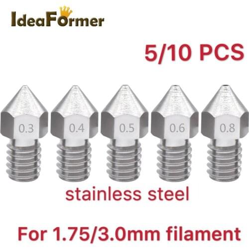 5/10pcs M6 Threaded MK8 stainless steel Nozzle 0.2/0.3/0.4/0.5/0.6/0.8mm For 1.75/3.0mm Fliament 3D Printer Extruder Print Head