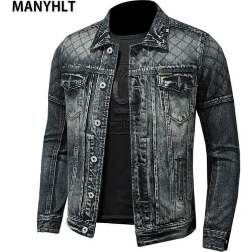 Manyhlt 2021 New Spring And Autumn Mens Denim Clip Lapel Embroidery Lattice Slim Fit Washed Vintage Denim Jacket