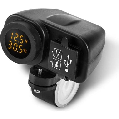Motorcycle Dual USB Charger Voltmeter Thermometer Socket for Cell Phones/Tablets/GPS
