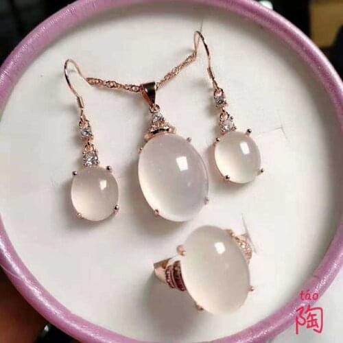 S925 silver inlaid white agate jade silver pendant ring earrings three piece set