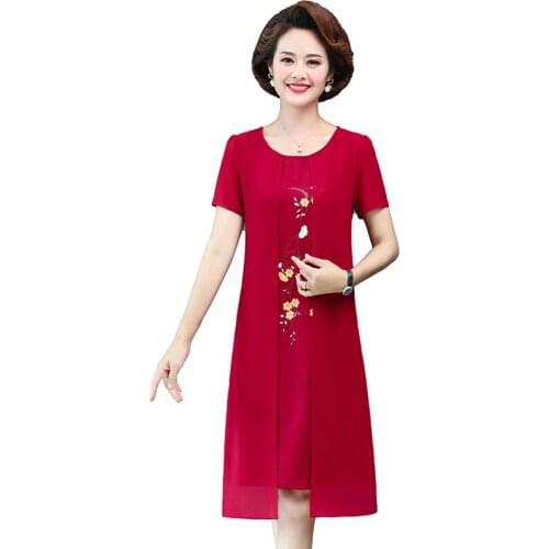 2021new Womens Summer Chiffon Fake two Short-sleeved Vintage Middle-aged mother Dress Lady Floral Party Dress Vestidos