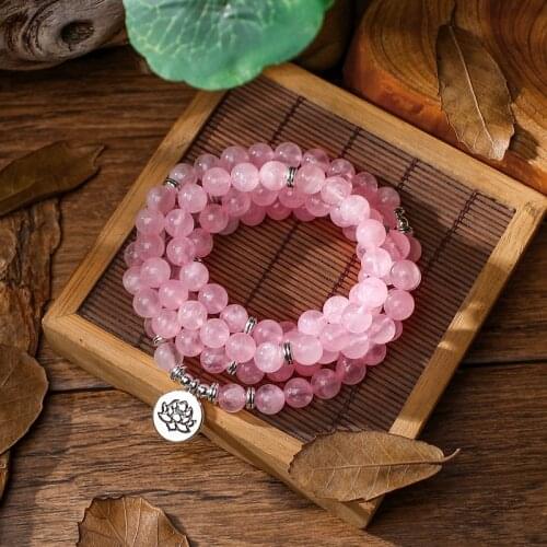 New Design Pink Quartz Yoga Bracelet Women Natural Stone Rose Crystal Bracelet Lotus Bracelet Necklace Jewelry