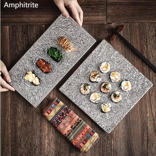 Retro Japanese Style Dining Plate Creative Ceramics Silver Flat Grain House Rectangular Sushi Plate Restaurant Supplies