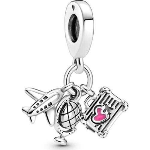 100% 925 Silver New Aircraft, Globe And Luggage Pendant For Original Pandora Bracelet Necklace Womens Diy Charm Jewelry