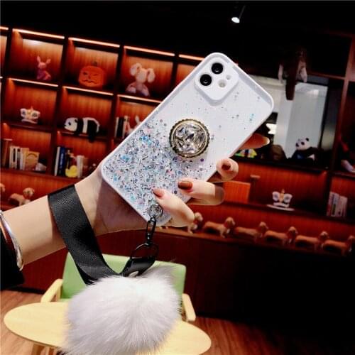 Luxury Glitter Phone Case For iPhone 12 11 Pro Max 6 7 8 Plus SE 2020 XR XS Max X 12Mini Plush Hairball Ring Holder Stand Cover