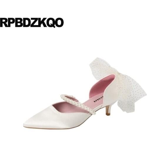 Kitten Medium Heels Girls Thin Bow Pearl Pumps Unique Women Ivory Lace Bridal Shoes Bridesmaid High Pointed Toe Mary Jane White
