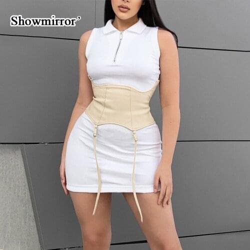 Showmirror Summer Women Turn Down Collar Sleeveless Mini Dress With Corset Patchwork Zipper Bodycon Sexy Dresses Casual