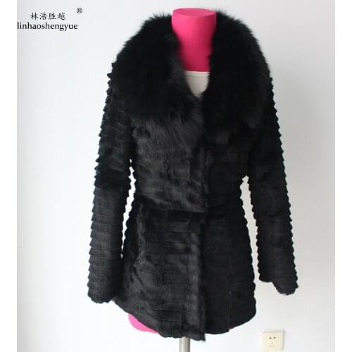 Linhaoshengyue 2018 Women Rabbit Fur Coat Fox Fur Collar Real Rabbit Fur