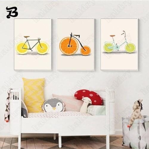 Modern Imaginative Fruit Bike Nordic Creative Lemon and Orange Bicycle Wall Pictures for Living Room Childrens Room Decoration