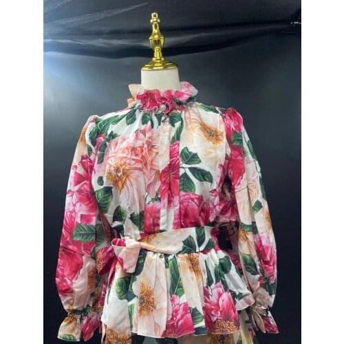 Style 2021 Spring New Silk Print Camellia Series Blouse Women Party Womens Clothes