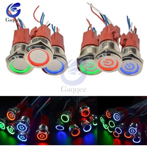 16mm 19mm 22mm Waterproof Metal Push Button Switch LED Light Latching Fixation Momentary Car Engine Start PC Power Red Blue 5V