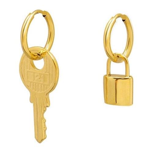 New Stainless Steel Asymmetric Charm Hoop Earrings Waterproof Metal Gold Lock Key Earrings For Women Party Jewelry Gift 2021
