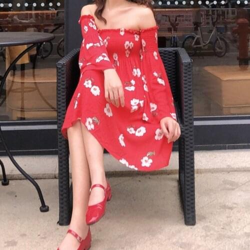 Sexy Off Shoulder Dress Women Long Sleeve Floral Print Casual A Line Mini Summer Dresses Long Sleeve Bohemian Holiday Dress